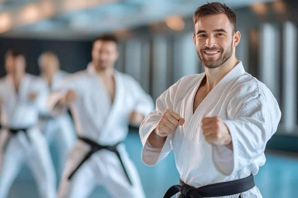 Ein Erwachsener beim Taekwondo Training macht eine Kampfstellung.