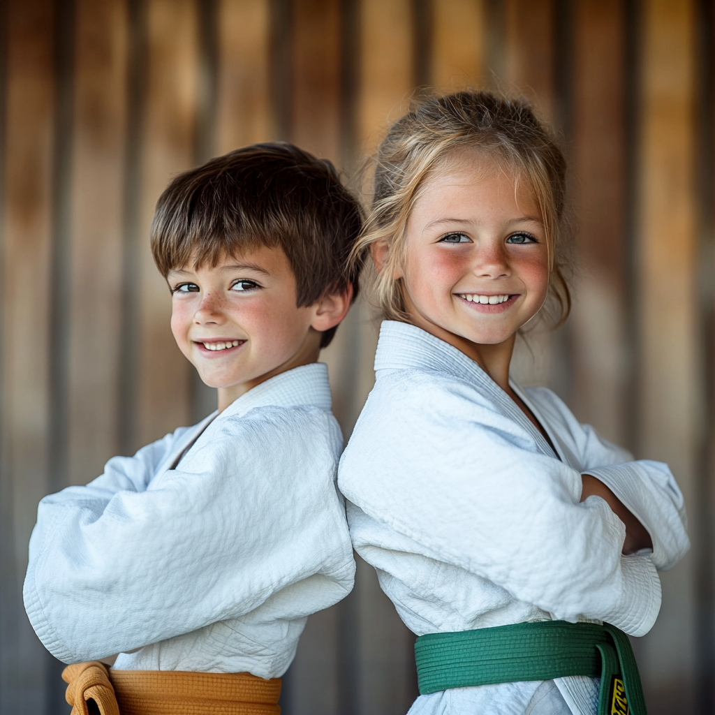 Beim Taekwondo Training für Kinder lachen ein Junge und ein Mädchen im Dobok Rücken an Rücken in die Kamera.
