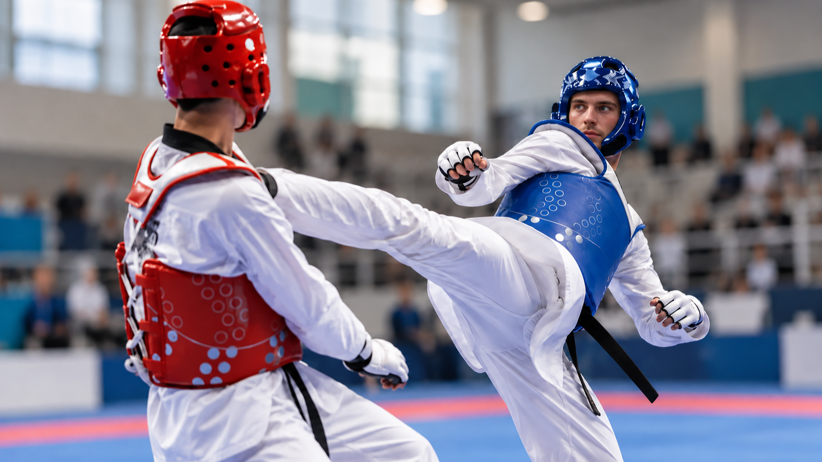 Zwei Taekwondo-Sportler im Kyorugi-Wettkampf, einer führt einen Kick aus.