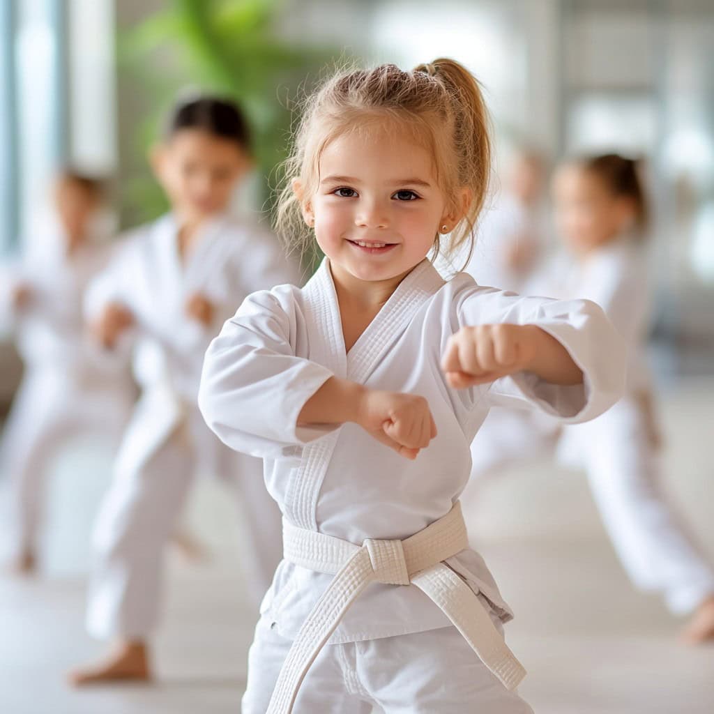 Ein Mädchen im Taekwondo-Anzug führt einen Block aus.
