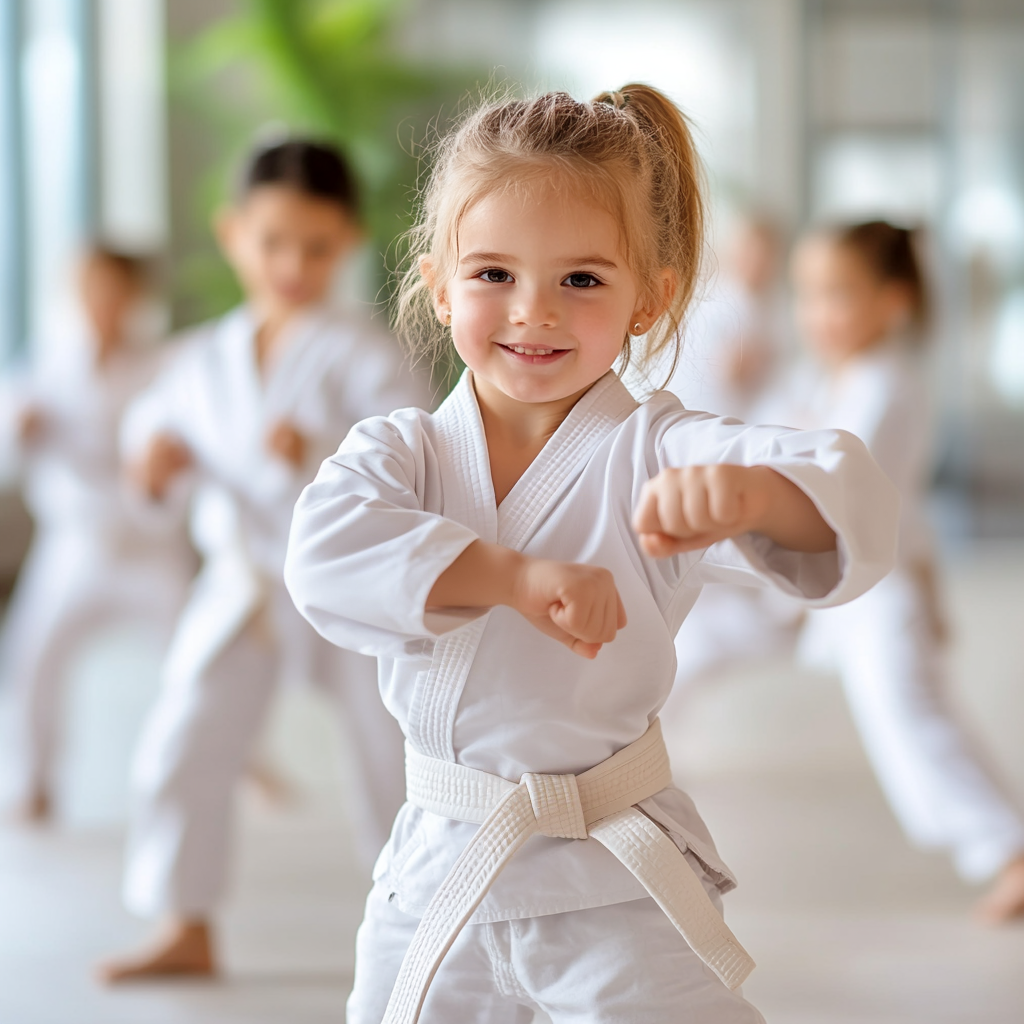 Ein Mädchen im Taekwondo-Anzug führt einen Block aus.