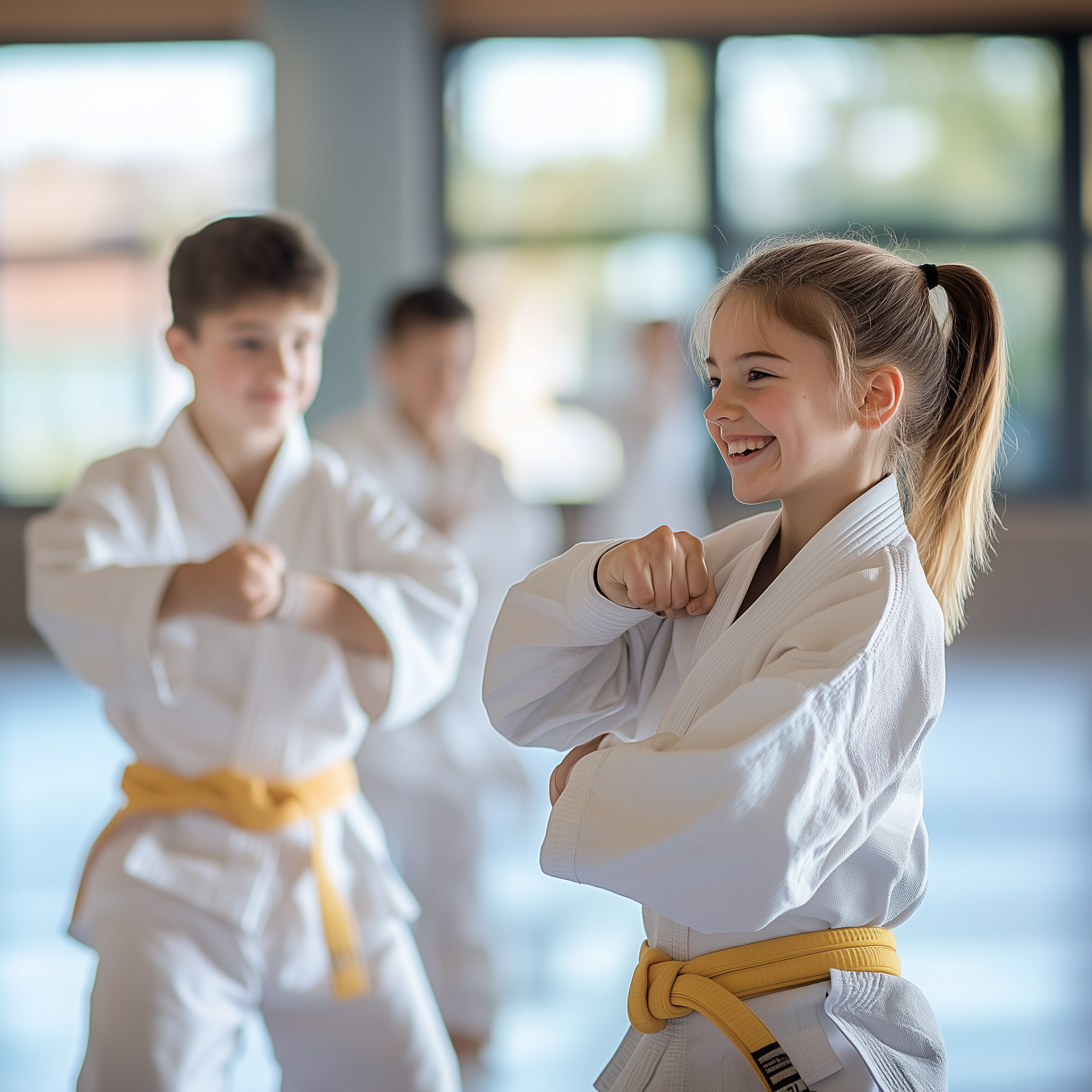 Mädchen und Junge führen beim Taekwondo Training einen Block aus.