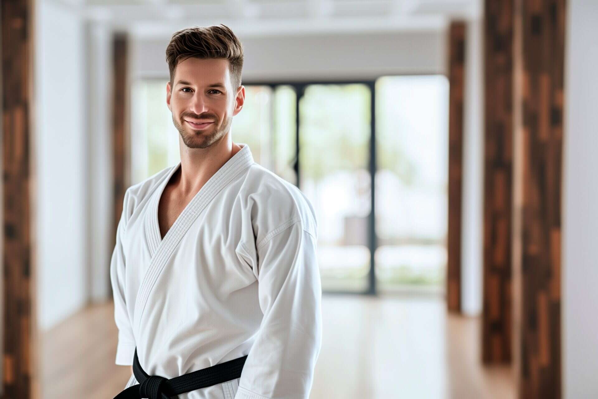 Gutaussehender Mann im Dobok mit schwarzem Gürtel lächelt beim Taekwondo Training für Erwachsene.
