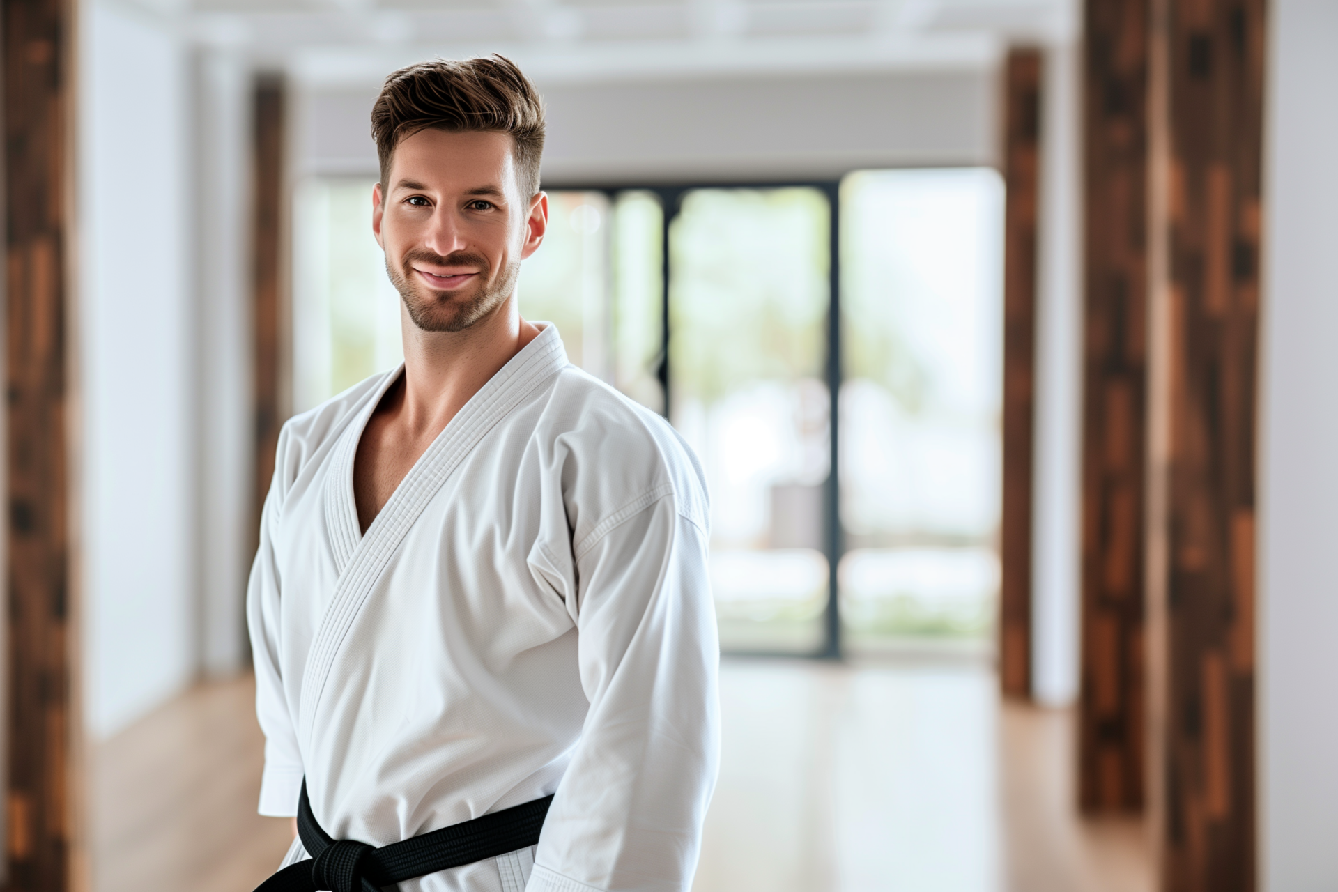 Gutaussehender Mann im Dobok mit schwarzem Gürtel lächelt beim Taekwondo Training für Erwachsene.