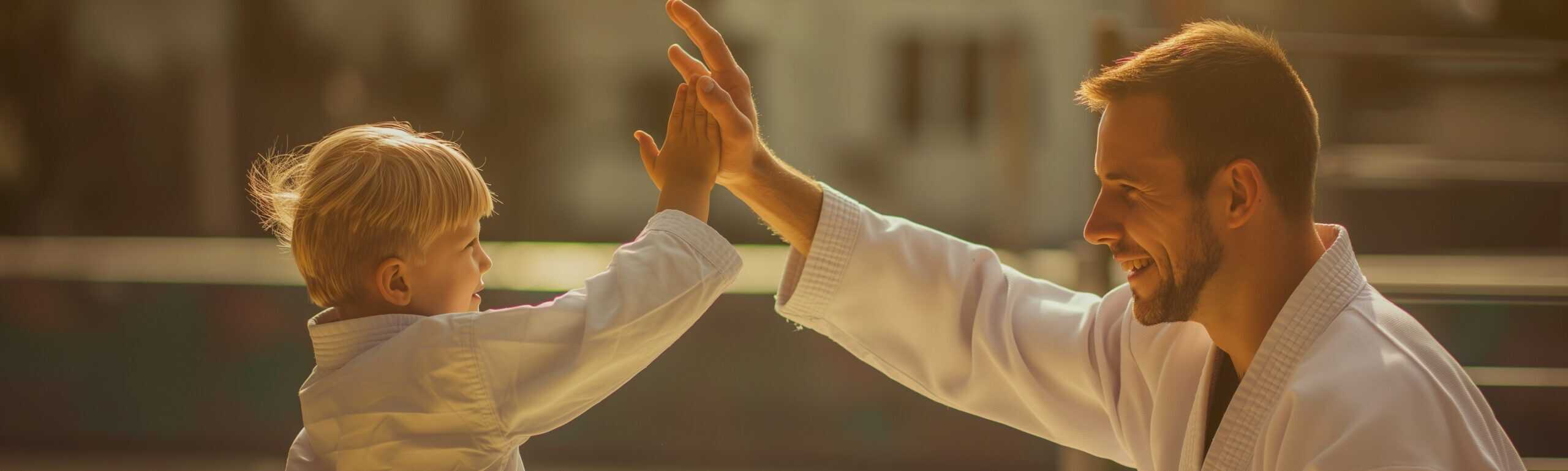 Foto eines europäischen Kindes und Erwachsenen in Taekwondo-Doboks, die sich ein high five geben.