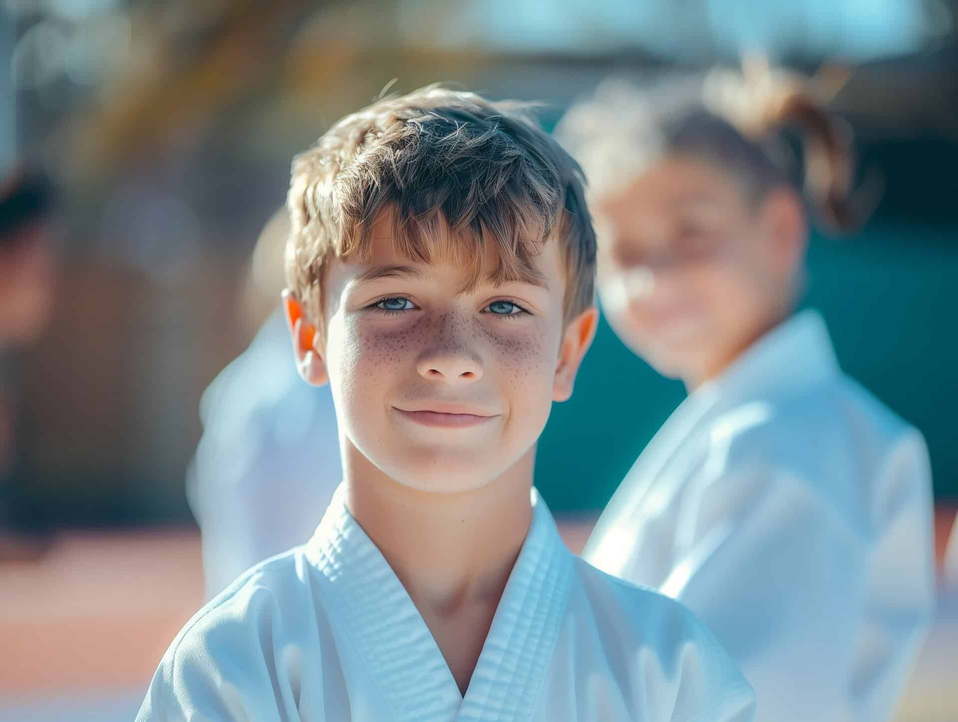 Ein selbstbewusster Junge in einem Taekwondo-Dobok blickt beim Kampfsport für Kinder in die Kamera.
