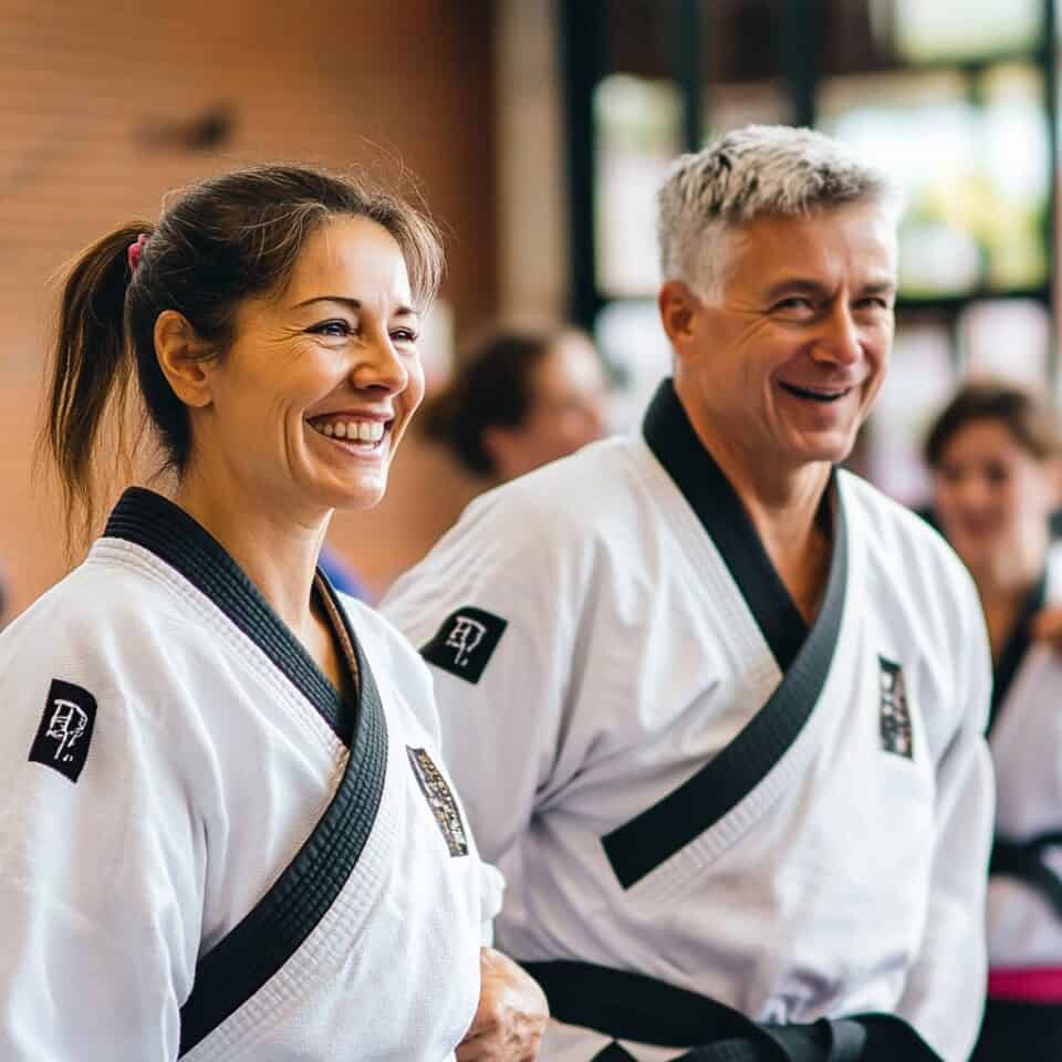 Senioren machen Pause beim Taekwondo Training und lachen miteinander.