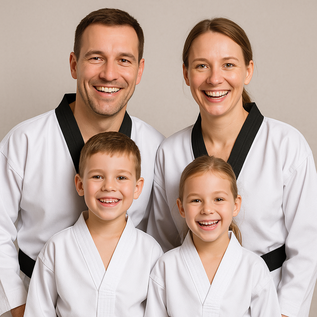 Eine Taekwondo-Familie aus Mutter, Vater, Sohn und Tochter im Dobok blickt lachend in die Kamera.