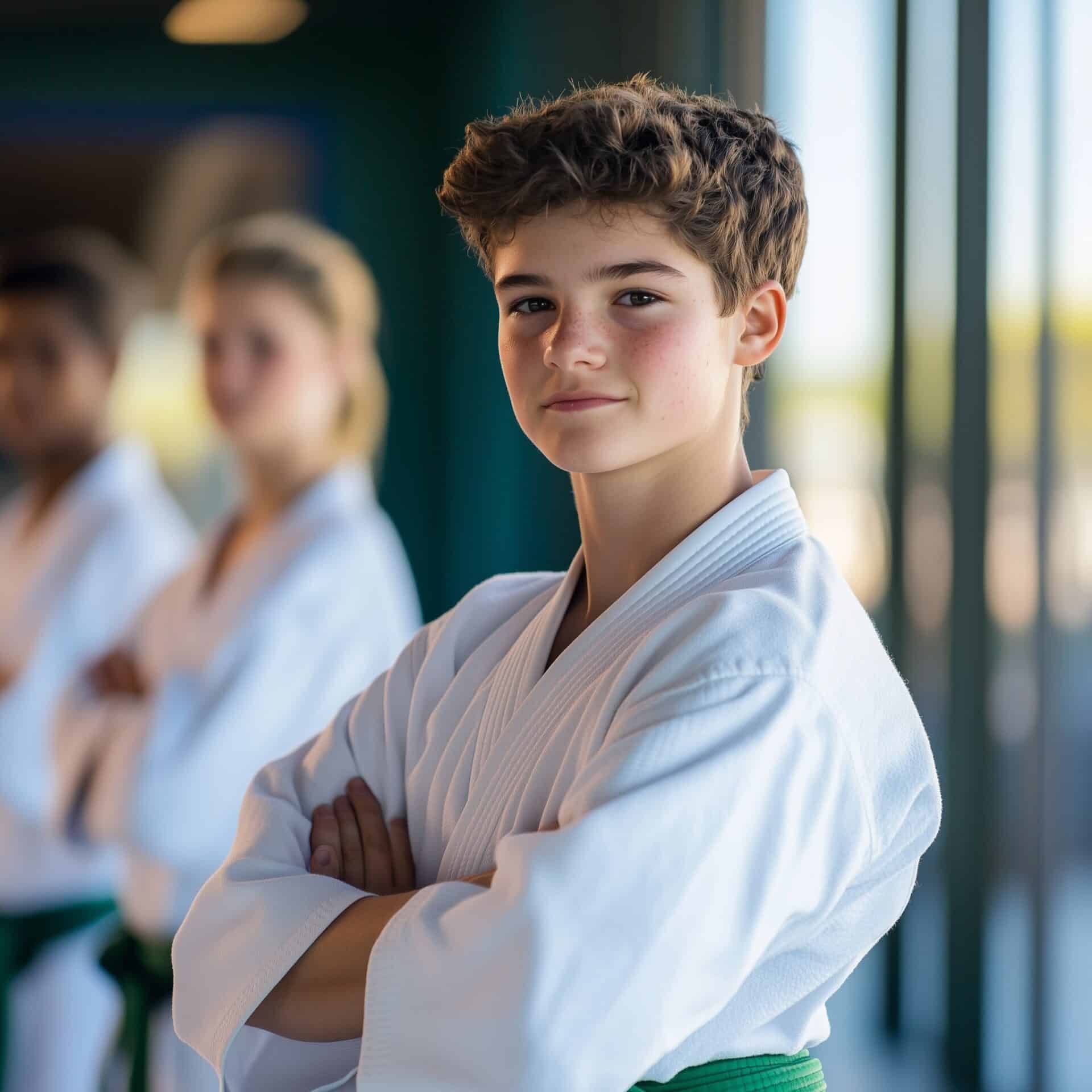 Ein Teenager im Taekwondo-Dobok schaut selbstsicher in die Kamera.