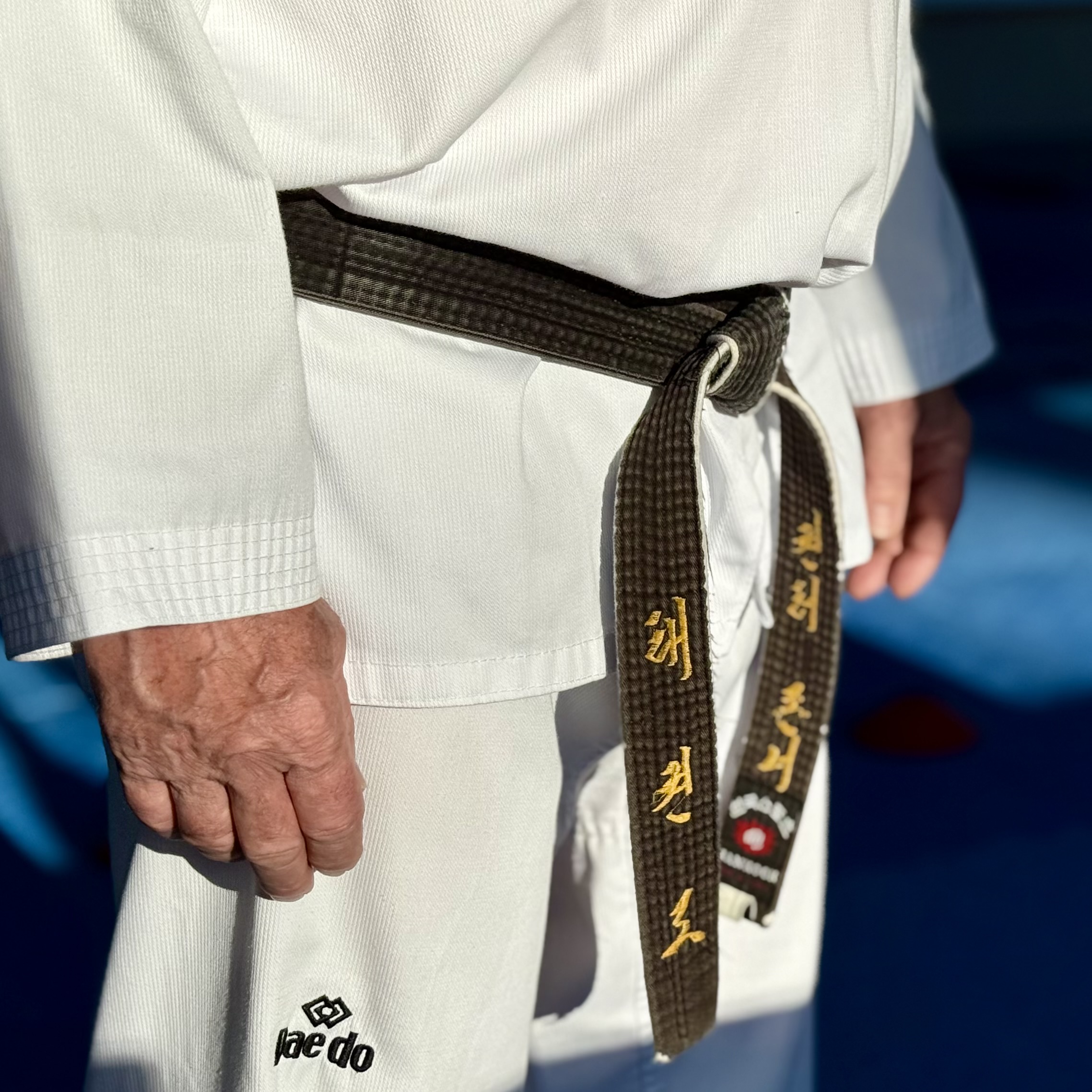 Nahaufnahme des Gürtels und der Hand eines Taekwondo-Großmeisters der Sportschule Sonner.