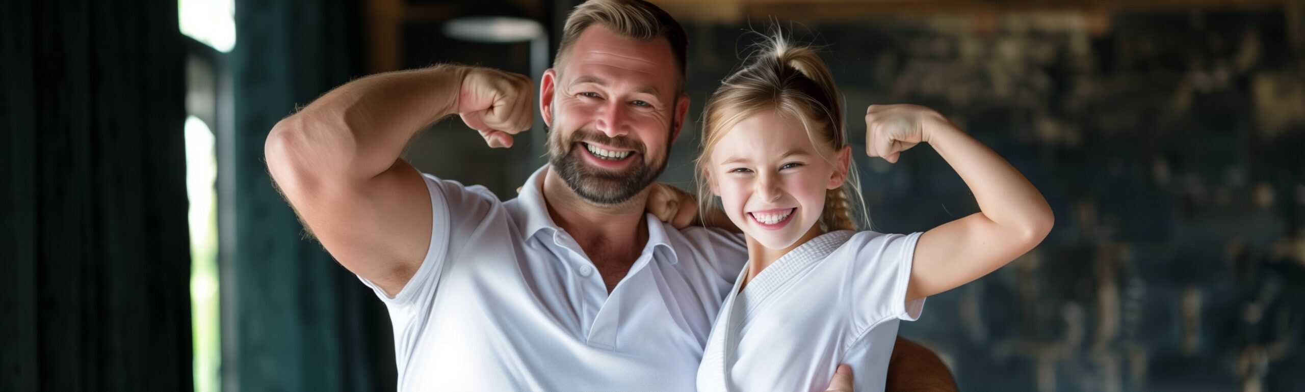 Ein Vater und seine Tochter spannen ihre Bizeps an und lachen gemeinsam.